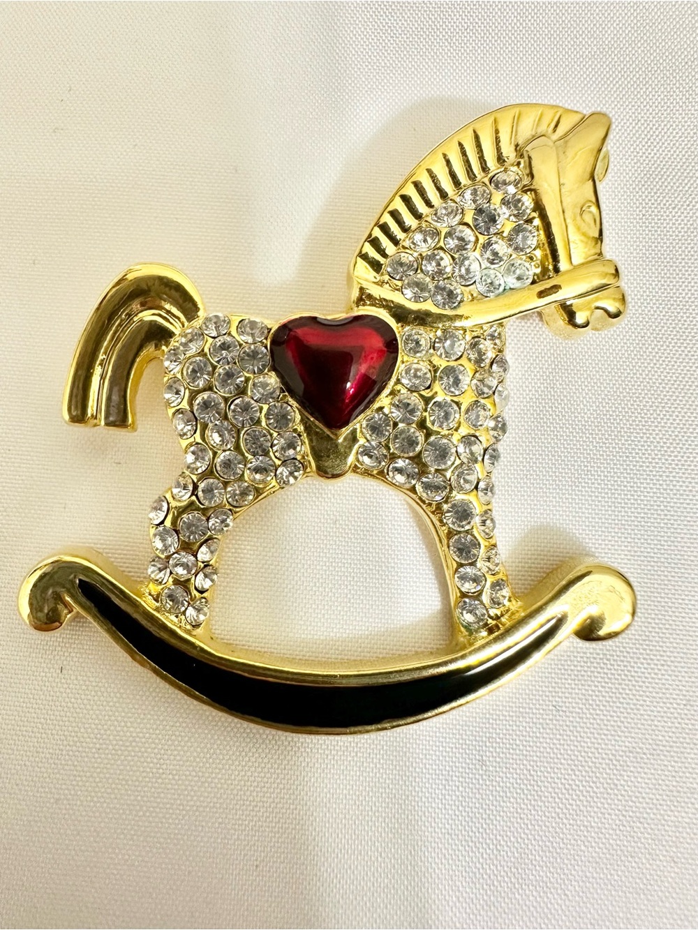 Vintage Gold Plated Crystal Rocking Horse Brooch with Red Heart Accent